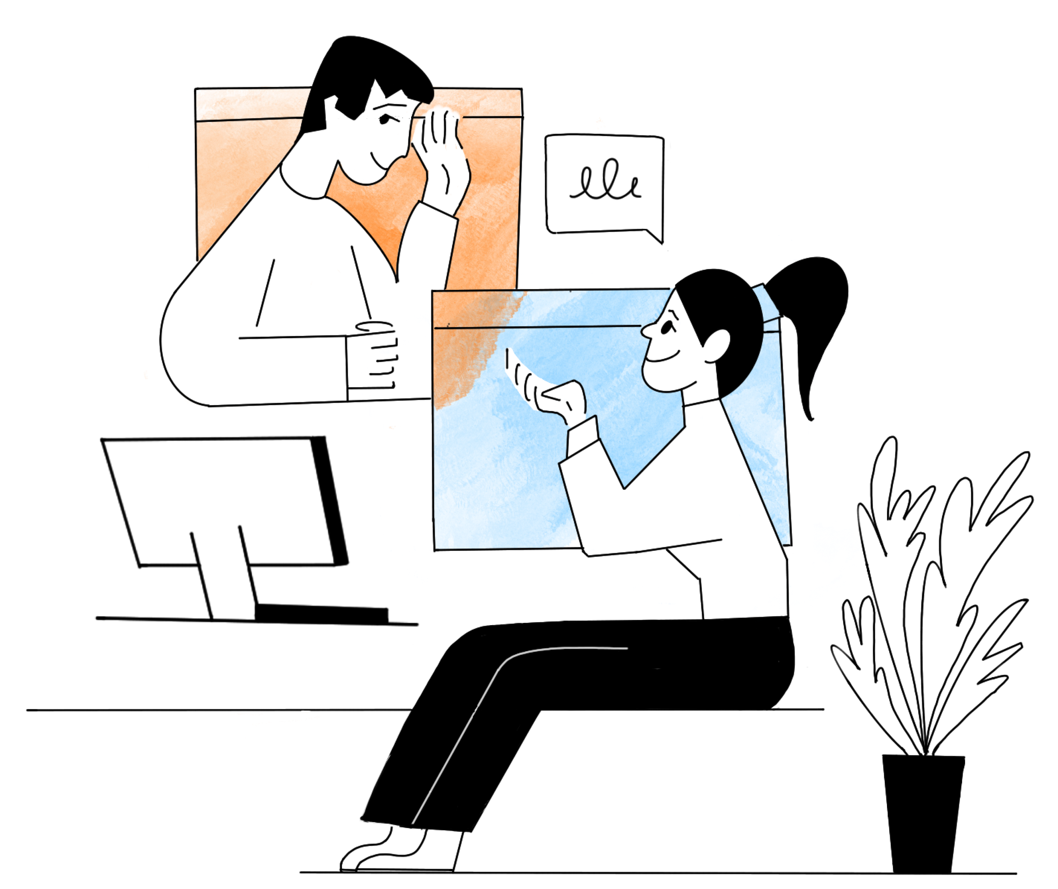 An illustration of a contact line listener talking to a person & being there for them.